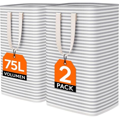 Panier a Linge, Grande Corbeille a Linge Pliable et Imperméable avec Poignées, Laundry Basket, Bac Linge Sale pour Vetements, Chambre, Gris, 75L, Lot de 2 (1/5)