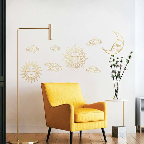 Sticker Mural Décoratif Doré Soleil et Lune Nuages, 68 cm X 48 cm, Illustration Mystique, Décoration Murale Originale et Unique. (1/2)
