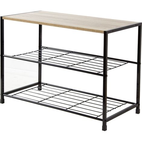 Étagère à chaussures 3 niveaux L63 cm – Structure métal noir – Panneau décor bois – Capacité 6 paires – Gain de place dans l'entrée