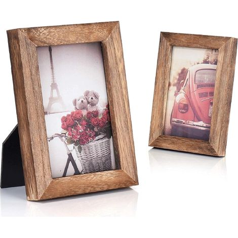 Cadre photo 10x15 cm (4x6 pouces) à poser ou à fixer au mur, en bois massif avec verre haute définition, lot de 2, finition noir carbonisé. (1/3)