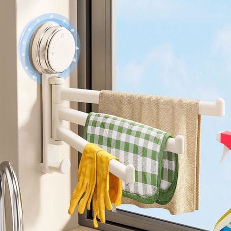 Porte-torchons à ventouse – 3 bras – Blanc – Sans perçage – Rotatif – Égouttoir cuisine (1/5)