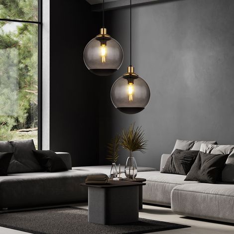 Lampada a sospensione lampada a sospensione in vetro moderna lampada a sospensione in vetro fumé nero, sfera di vetro in metallo ottone retrò, 1x attacco E27, DxH 25x120 cm, set di 2 (1/5)