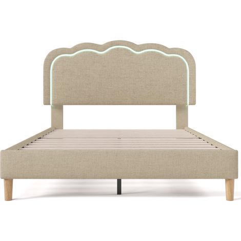 Lit double LED 140 x 200 cm en lin beige avec sommier à lattes et tête de lit réglable (1/5)