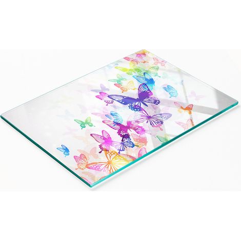 Tabla decorativa de cristal para servir aperitivos con mariposas de colores, 80x52 cm.