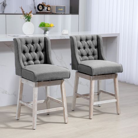 Juego de 2 Taburetes de Bar con Respaldo Taburetes Altos de Cocina Giratorios 180° Patas de Madera 46x57x101 cm Gris (1/5)