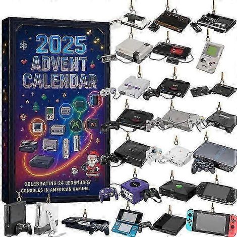 Calendrier de l'Avent 2025 - Compte à rebours de 24 jours - Console de jeux American Legend 24 - Boîtes surprises - Ornements en acrylique - Décorations réutilisables pour sapin de Noël