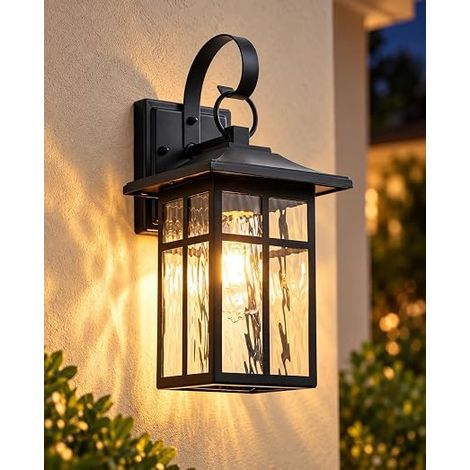 Outdoor Wall Light, Matte Black Porch Lamp with Water Corrugated Glass, E27 Outdoor Lantern Light, IP44 Waterproof Outdoor Wall Lighting for Garden, Terrace (1/5)