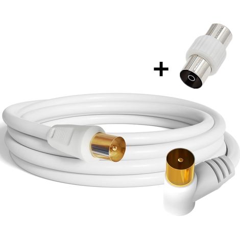 Câble antenne TV 3m, coaxial 75 Ohm, IEC 9,5 mm mâle à mâle 3C2V cuivre pur double blindage,adaptateur femelle-femelle inclus, blanc (1/5)