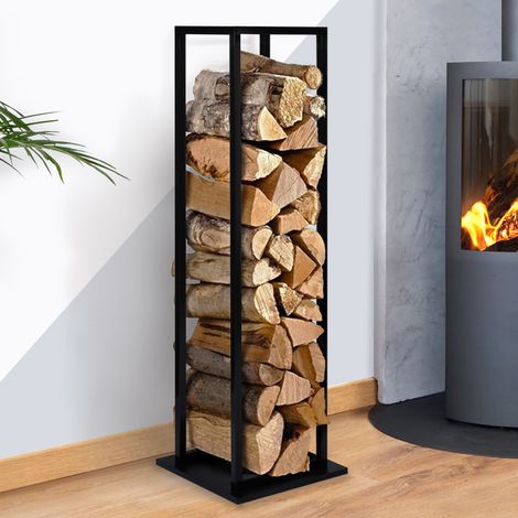 Leñero vertical de acero negro con estante H.112 CM para chimeneas