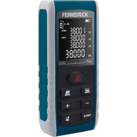 Ferrestock FSKLDM070 medidor láser de distancias de hasta 70 metros, pantalla LCD, 2 puntos de referencia, 7 modos de medición, nivel digital y 99 memorias (1/5)