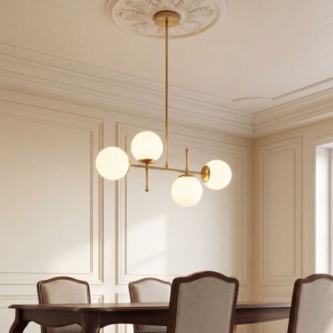 Pendelleuchte Metall Glas E27 H: max. 63 cm in Bronze Weiß 4-flammig Kugel Schirm Retro
