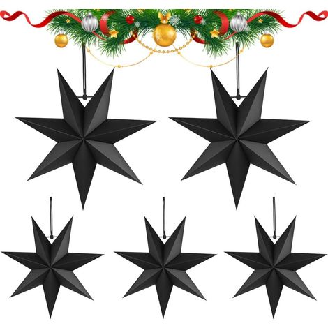 Lot de 5 étoiles pliantes de Noël - 7 branches - En papier - 40 cm - Décoration en papier - Étoiles pliantes en papier de Noël - Étoiles en papier 3D - À suspendre - Noir (1/5)
