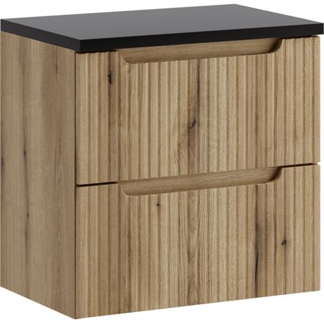 Furnidea - Meuble suspendu sous vasque 60 cm avec plan noir et 2 tiroirs NOVA chêne Coast Evoke (1/5)