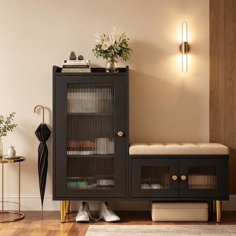 Mobile da ingresso 100 cm – Panca e scarpiera – Panca imbottita – Ripiani regolabili – Stile moderno – Nero (1/5)