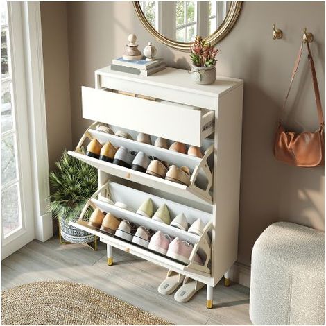 Meuble À Chaussures 85x24x104cm Blanc avec 1 tiroir - Rangement Chaussures - 2 Portes abattantes, Pieds en métal, Design ondulé, MDF (1/5)