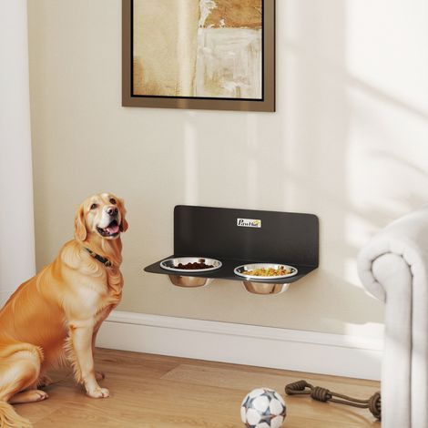 Comedero para perros de pared con altura regulable, con 2 cuencos de acero inoxidable de 800 ml, 42 x 23,5 x 14 cm, negro. (1/5)
