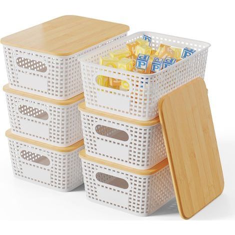 Lot de 6 Boîtes de rangement, Couvercle en bambou, Plastique PP, Empilables, Ventilation, Salle de bain Cuisine (1/5)