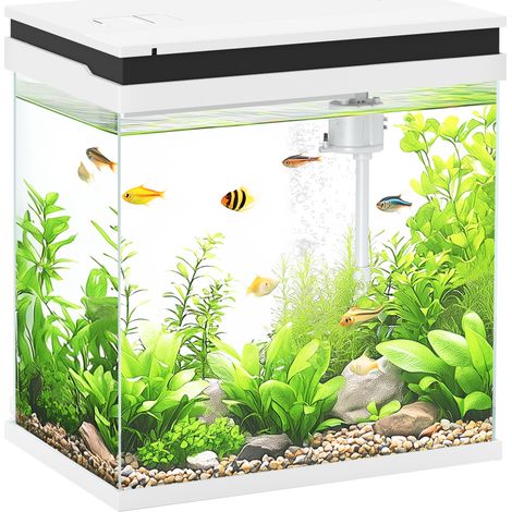 14L Glass Fish Tank With Filter System, LED Lights, Water Pump, White (1/5)