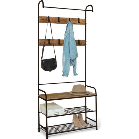 Idmarket – Vestiaire d'entrée 79 cm bois effet vieilli et métal noir – 8 patères – 2 étagères – Hauteur 185 cm – Design industriel