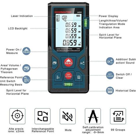 Télémètre laser LM50 50m, multifonction avec écran LCD rétroéclairé, IP54 (1/3)