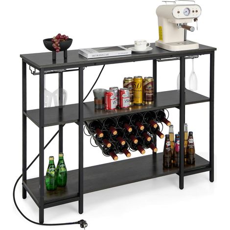 GOPLUS Étagère Range Bouteille à 3 Niveaux avec Prises-Table de Bar à Liqueur avec Porte-bouteille et Kit Anti-basculement Gris (1/5)