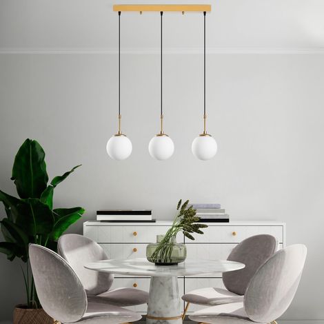 Élégant lustre doré, hauteur réglable 40-115 cm, corps en métal, 65 x 15 x 115 cm, 3 ampoules E14 max. 40 W, pour les espaces de vie modernes, indice IP20. (1/5)