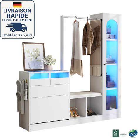 Armario MODFU con barra y mueble de almacenaje, LED, apto para salón/dormitorio/entrada, 163×35×161cm, blanco (1/5)