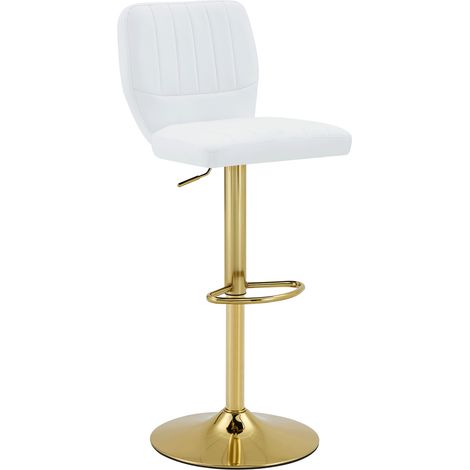 Tabouret de bar réglable en hauteur 62-83 cm, siège pivotant 360° avec dossier et repose-pieds, simili cuir blanc et cadre métal doré (1/5)