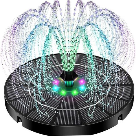Fontaine solaire, Fontaine solaire pour bains d'oiseaux, Pompe noire de 3,5 W avec lumières LED colorées et buses interchangeables — Pour bains d'oiseaux, jardins, bassins et piscines (1/5)