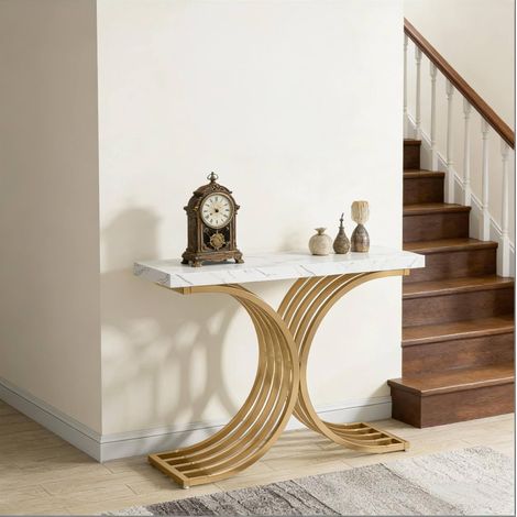 Consola de entrada de metal dorado y tablero efecto mármol blanco 100 x 30 x 80 cm HAVRYA (1/5)