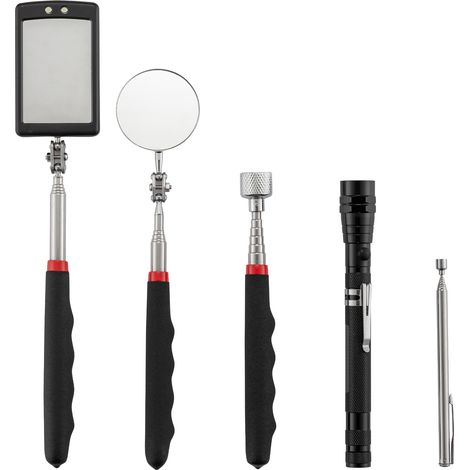 Wiltec Set herramientas magnéticas de 5 piezas con LED, barra magnética telescópica hasta 80 cm, espejos de inspección, herramienta de elevación con linterna para taller y reparaciones (1/5)