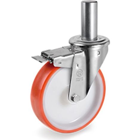 Roulette Frein à TIGE LISSE Ø 26 x 56 mm, Polyuréthane ROUGE Ø 150 mm 220 Kg (1/2)