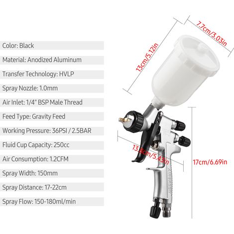 HVLP Kit de pistolet de pulvérisation d'air 1,0 mm, 250 cc, pulvérisateur de peinture, mini pulvérisateur portatif à 360 degrés pour réparation de voiture, meubles, peinture murale, modèles de bricola (1/5)