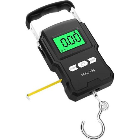 Balance de pêche 165lb / 75kg Pèse-Bagages Suspendu, Balance pour Le Bagage avec LCD Rétroéclairé, mètre Ruban à mesurer (1/5)