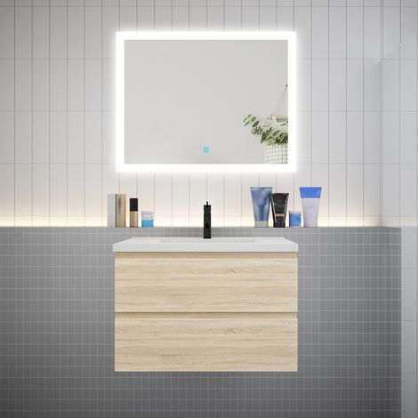 AICA Ensemble meuble vasque L.79cm chêne 2 tiroirs + led miroir + lavabo (1/5)