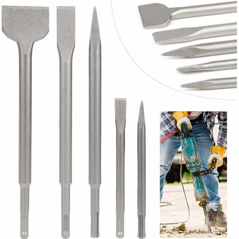 BRAVIX Sets de ciseaux Burin  Lot de 5 Burins avec 2 Burin Pointu et 3 Burins Plats, Outil de Forage pour Béton