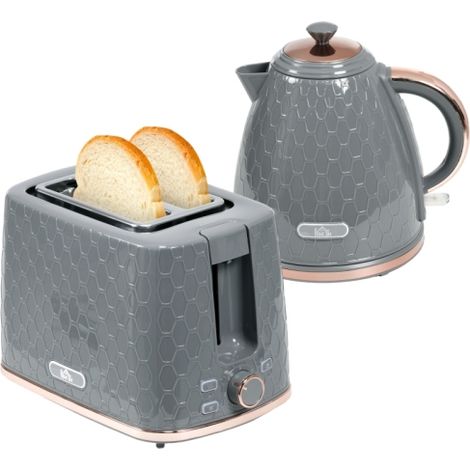 1.7L 3000W Fast Boil Kettle and 2 Slice Toaster Set with Auto Shut Off and Browning Controls in Grey