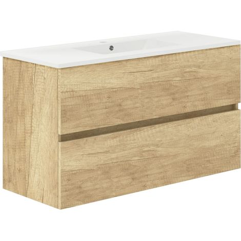 Ensemble de Salle de Bain Natura Meuble de Salle de Bain à Fond réduit, avec lavabo en céramique, Distribution Deux tiroirs, Meuble monté, Deux tiroirs sans Miroir. Fond 39 cm 100 cm Nature (1/5)