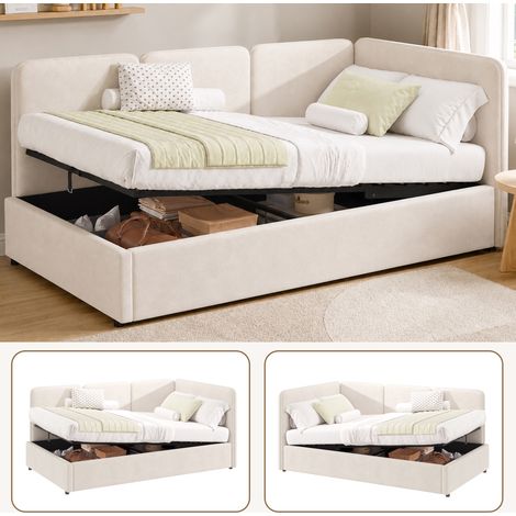 Cama diván moderna 90x200 cm de terciopelo beige, con cabecero y arcón hidráulico, laterales montables a izquierda o derecha (1/5)