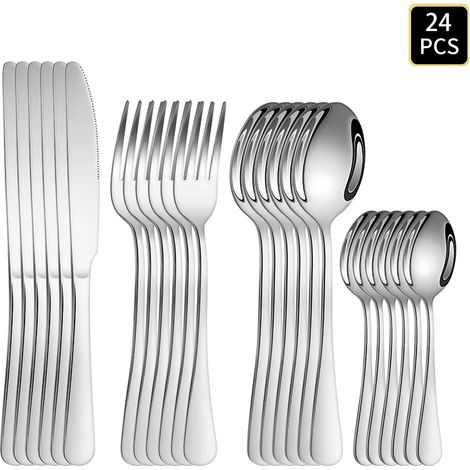 Ensemble de couverts en acier inoxydable (argenté) 24 pièces, comprenant un couteau à manche rond, une fourchette et une cuillère (modèle 1010). (1/2)