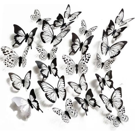 24PCS 3d simulation en trois dimensions noir et blanc motif papillon stickers muraux événement fête salon chambre armoire décoratif stickers muraux (1/5)