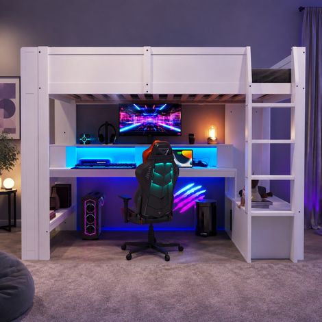 Cama alta 90x200 cm blanca de pino y MDF con escritorio, LED y almacenaje (1/5)