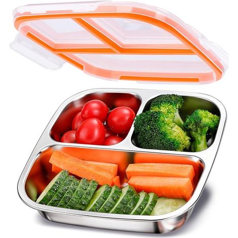 Portapranzo in acciaio inox per bambini e adulti. Contenitore per snack e pranzo con 3 scomparti, impilabile, ideale per la preparazione dei pasti e la cura dei bambini. (1/5)