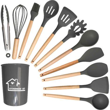 Ensemble de 12 pièces d'usiles de cuisine en silicone - Gris foncé gratte-ciel-outils de cuisine ménagers (1/5)