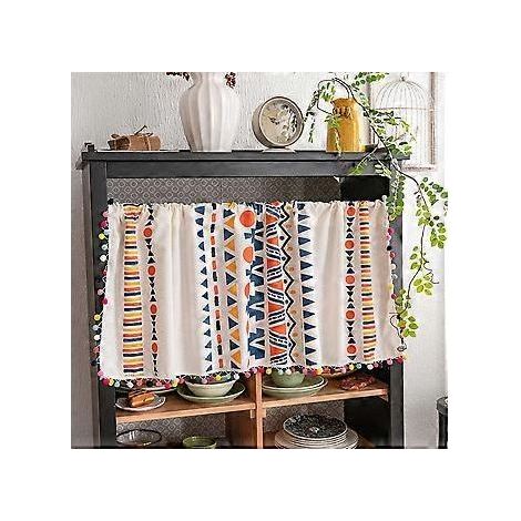 Boho-Gardinen mit Quasten, multifunktionale Fensterdekoration für die Küche (150 x 60 cm)