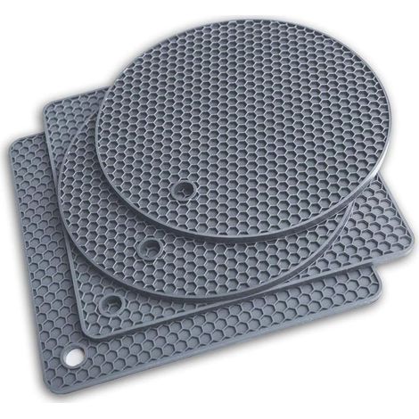 Dessous de plat en silicone extra épais, résistant à la chaleur, multi-usages, antidérapant, pour casseroles chaudes, plats, repose-cuillères, dessous de verre (4 pièces, gris) (1/4)