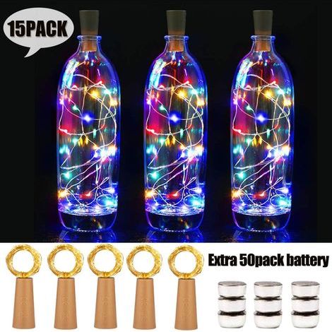 15 Stück LED Flaschenlicht with Batterry, 20 LEDs 2M Kupferdraht Weinflasche Lichter, mit Kork Schnurlicht Kupferdraht für DIY Deko Weihnachten Party Urlaub, Stimmungslichter (Farbe) (1/5)