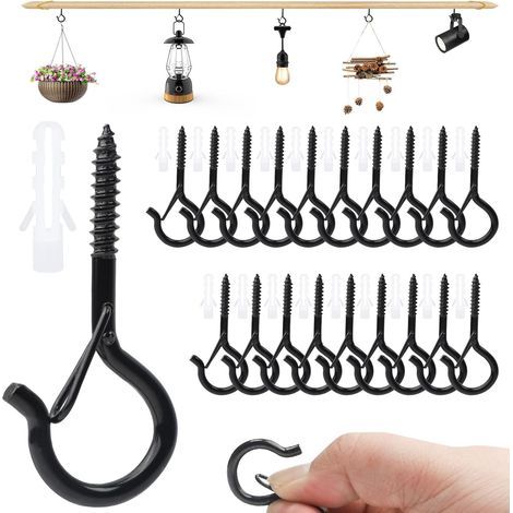 UNINGYI Lot de 20 vis à crochet en acier inoxydable noir pour crochets muraux, crochets de plafond et carillons éoliens (1/5)