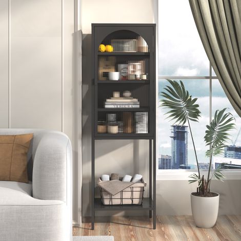 Vitrine avec 1 porte vitrée et 3 étagères réglables, rangement ouvert, pour salon et bureau, en métal, noir