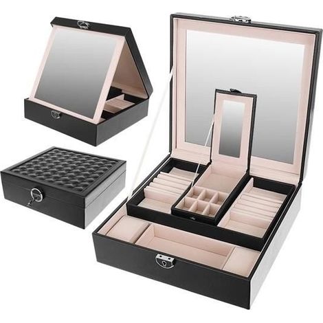 Coffret à bijoux avec miroir, étui de rangement verrouillable, intérieur en velours, plateau amovible, 25,5 x 25,5 x 30 cm (1/5)